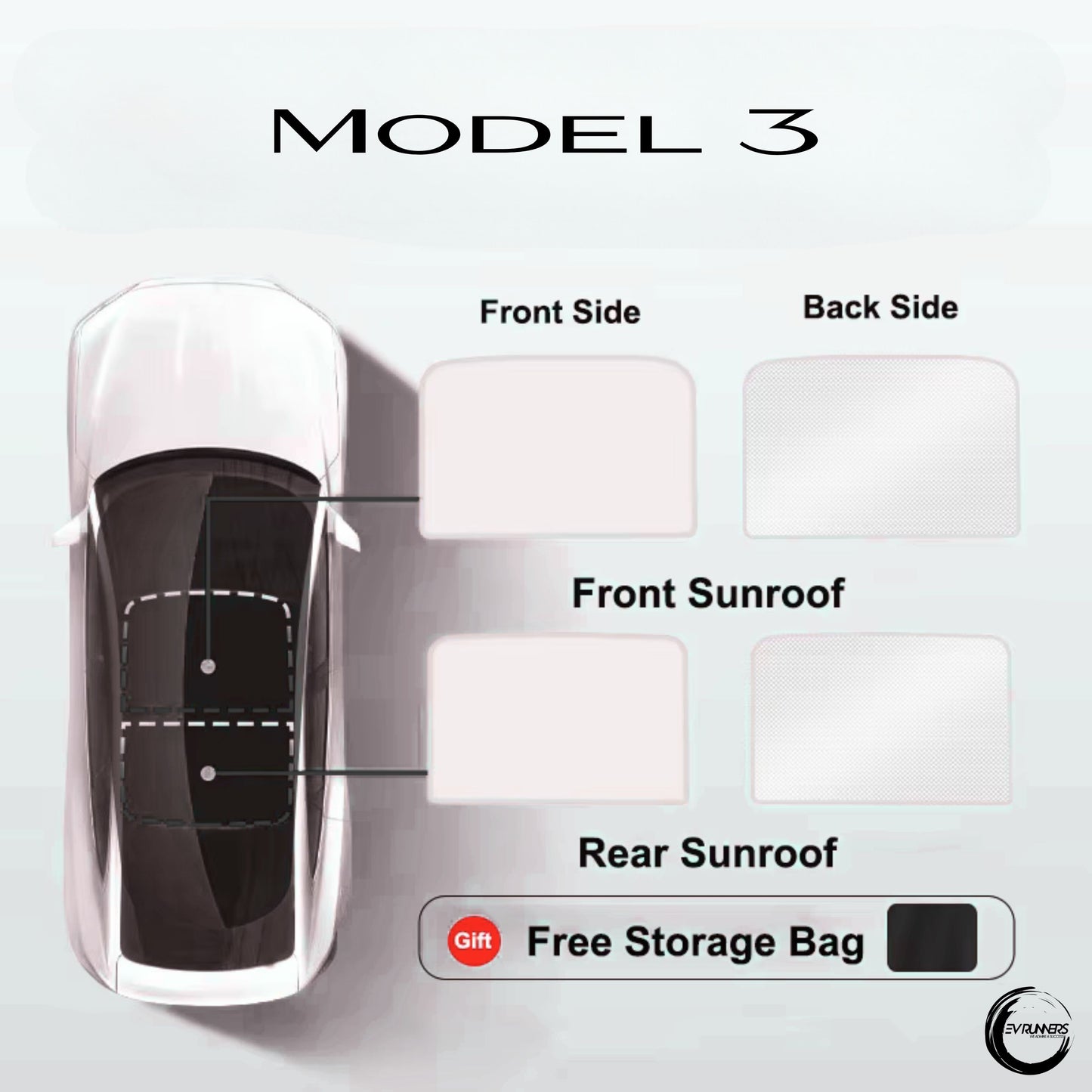Tesla Model 3 (Highland 2024) og Model Y soltak | UV-deksler til glasstak foran og bak med spenne-isduk