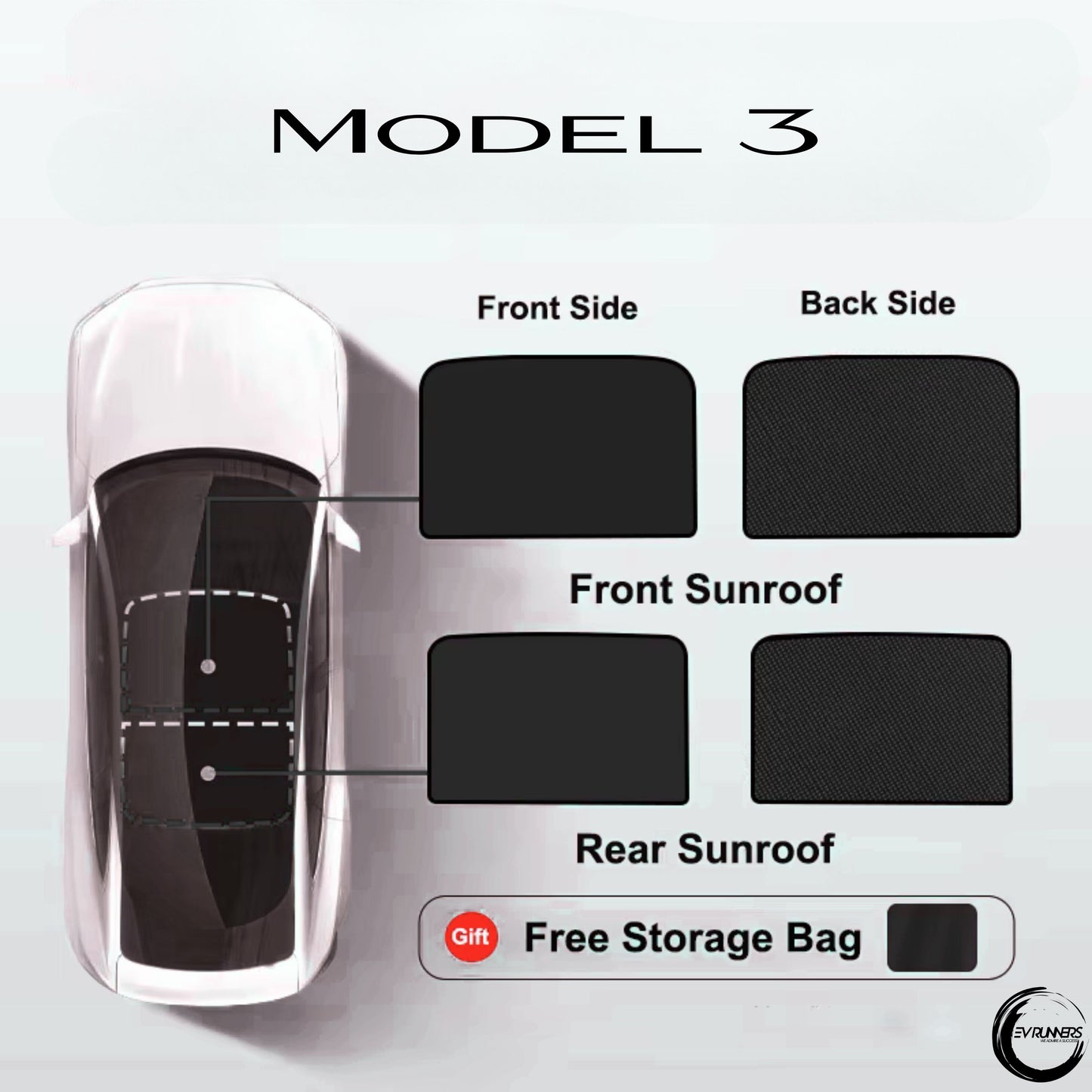 Tesla Model 3 (Highland 2024) og Model Y soltak | UV-deksler til glasstak foran og bak med spenne-isduk