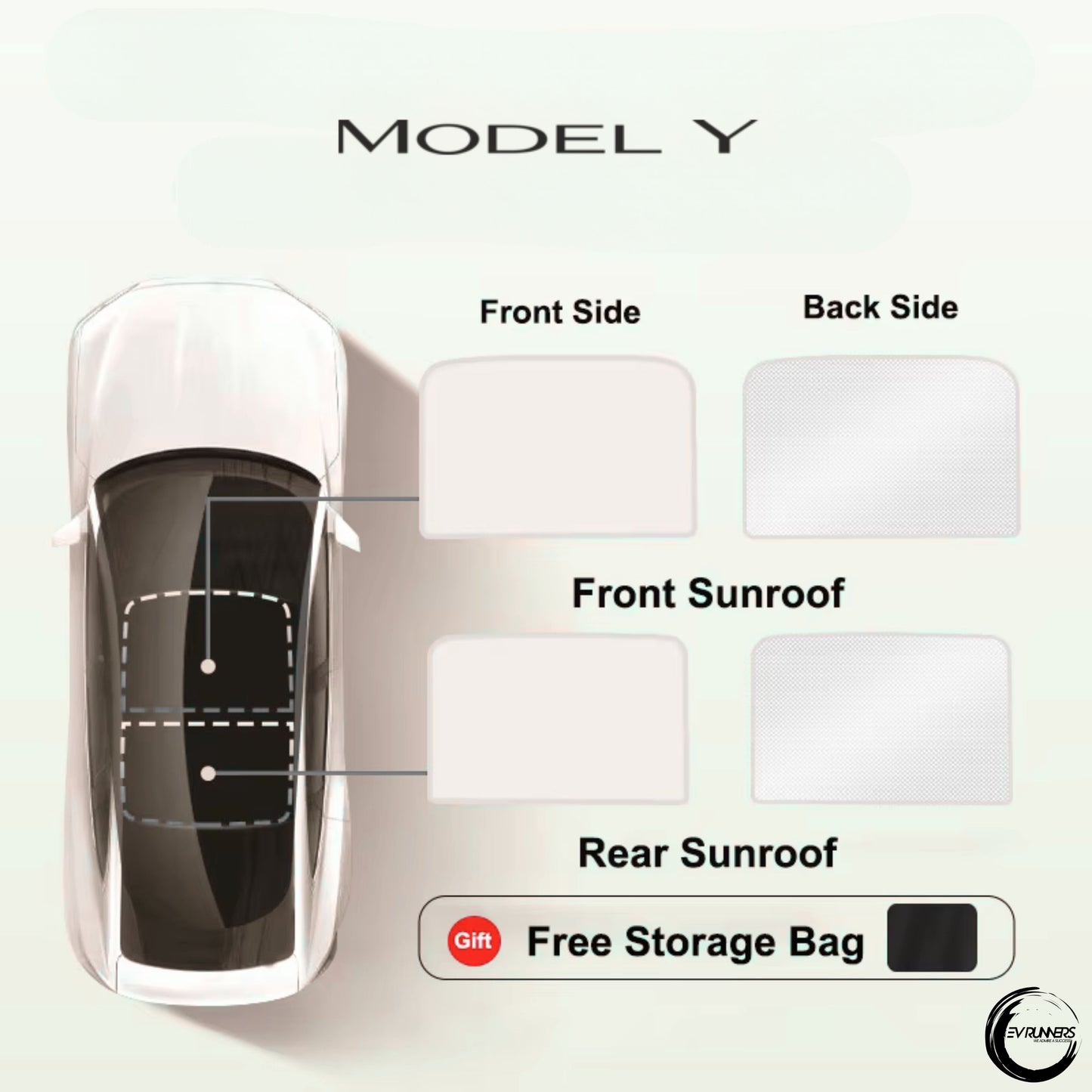 Tesla Model 3 (Highland 2024) og Model Y soltak | UV-deksler til glasstak foran og bak med spenne-isduk