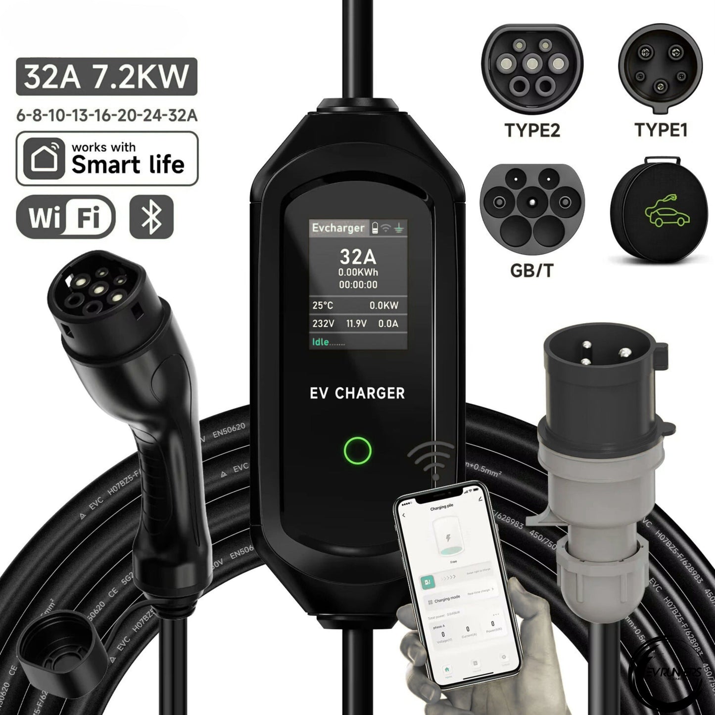 32A 7.2KW Smart Portable EV Charger – Type1/Type2/GB/T | WiFi & Bluetooth APP Control | 5m EVSE Cable
