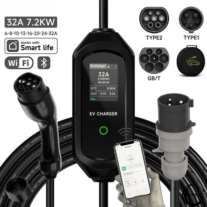 32A 7.2KW Smart Portable EV Charger – Type1/Type2/GB/T | WiFi & Bluetooth APP Control | 5m EVSE Cable