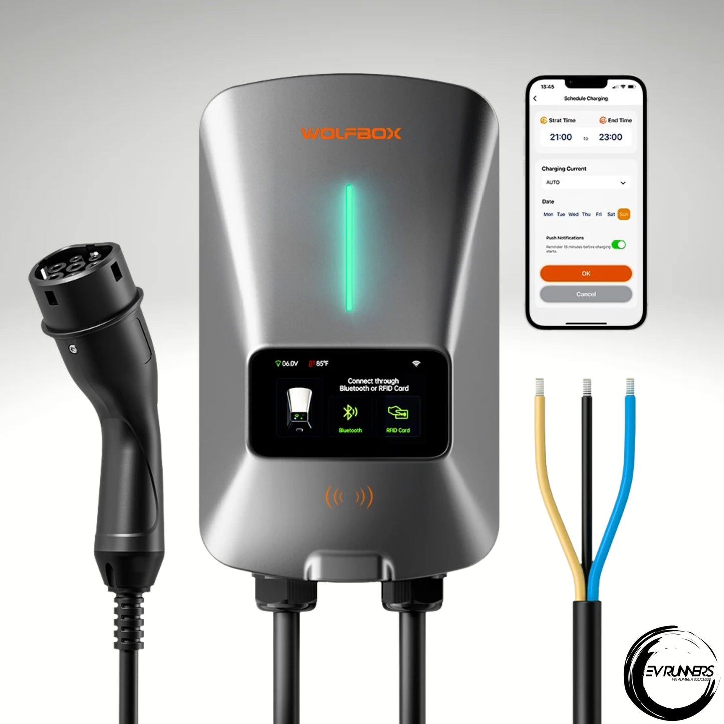 W3 EV-ladestasjon – Type 2, 7 kW, 32 A, enfaset veggboks med LCD-skjerm, app-kontroll og RFID-tilgang